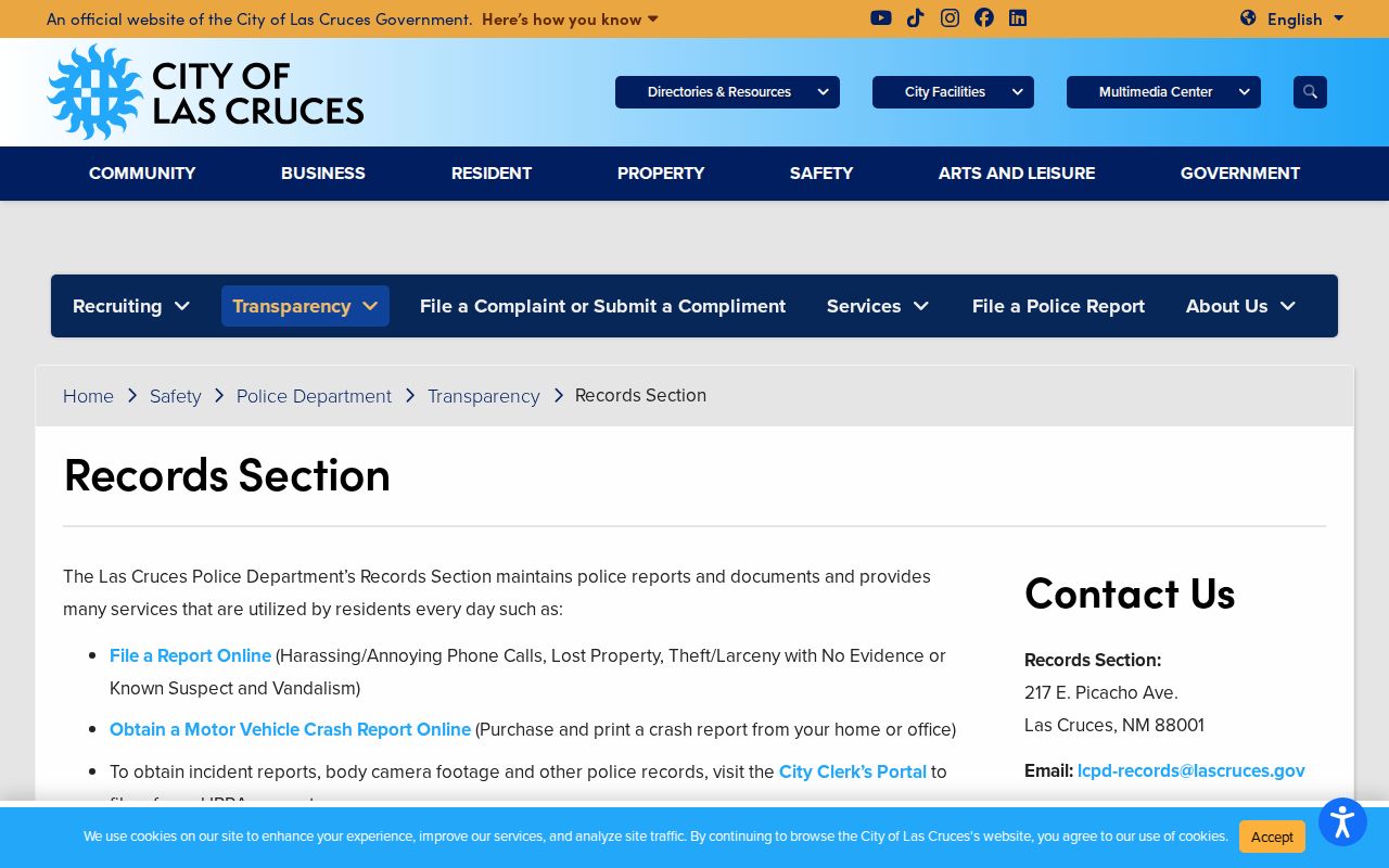 Las Cruces resident lookup reference for the Las Cruces Police Records Section